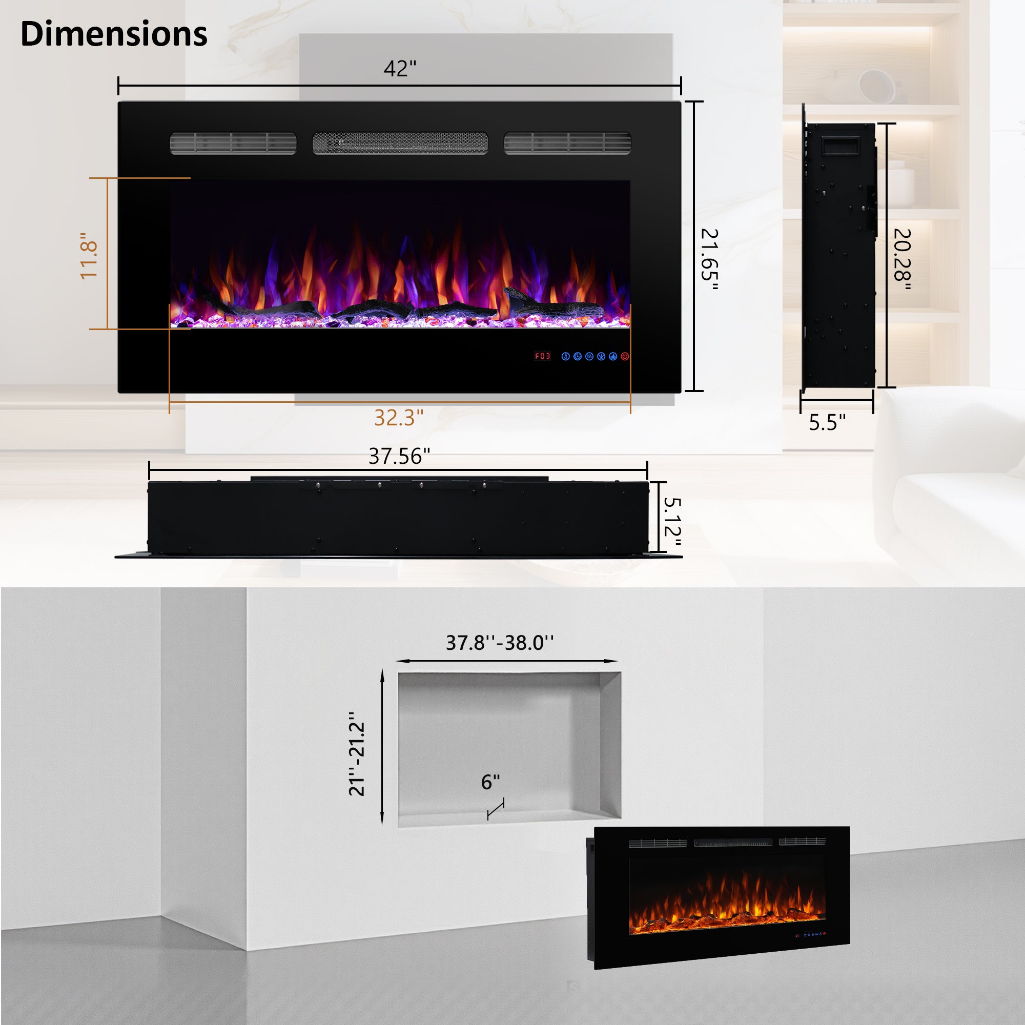 EF42 Series 42" Electric Fireplace Insert | Recessed & Wall Mounted Heater with 5 Levels Flame Brightness
