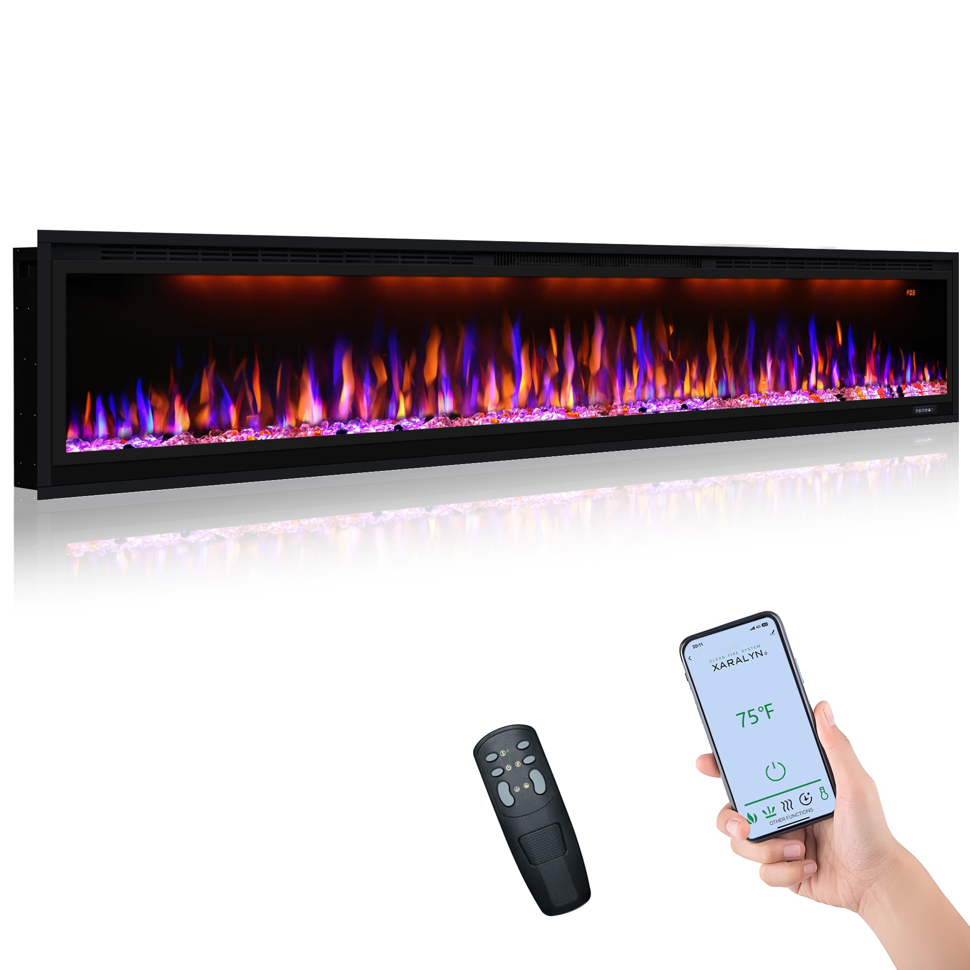 BI Smart Series 100" Linear Electric Fireplace | WiFi App & Voice Control | Recessed Wall Heater with Logs & Crystals