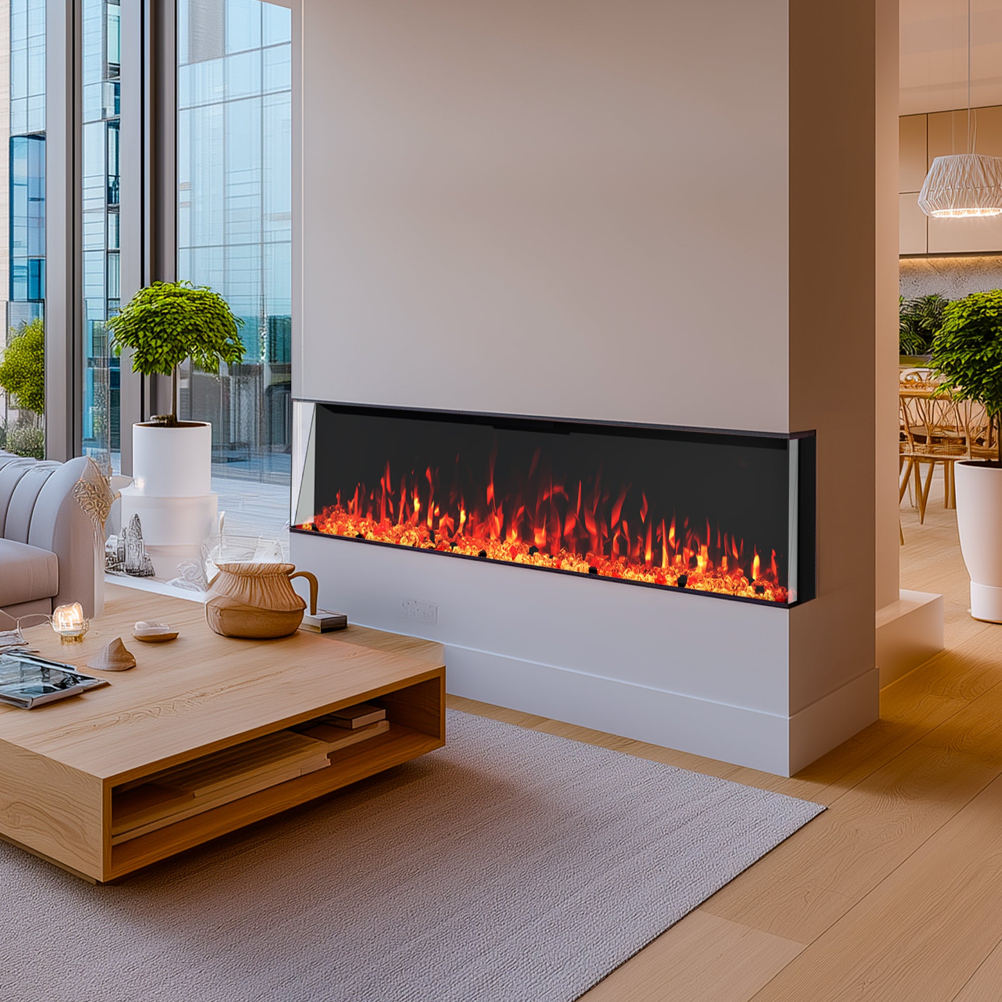13+ 60 Electric Fireplace TSH Series 60" 3-Sided Electric Fireplace | Panoramic Glass View | Rec