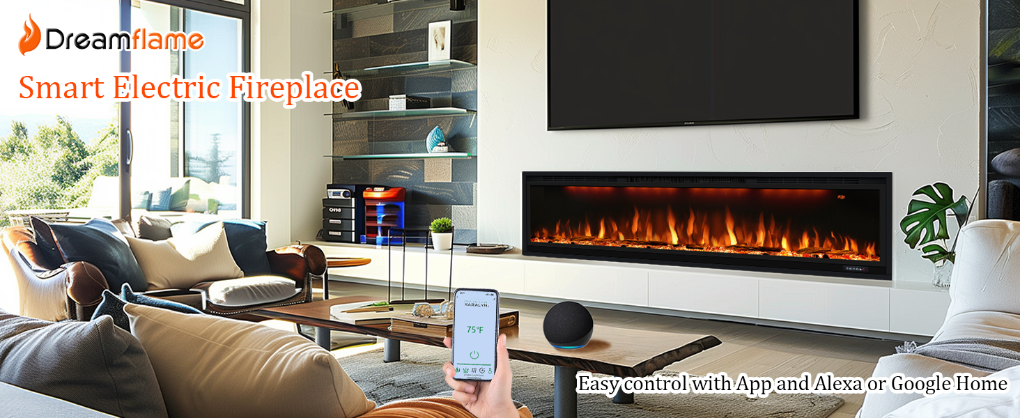 BI Smart Series 100" Linear Electric Fireplace | WiFi App & Voice Control | Recessed Wall Heater with Logs & Crystals - Detail 1