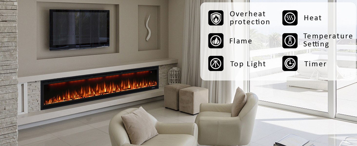 BI Smart Series 100" Linear Electric Fireplace | WiFi App & Voice Control | Recessed Wall Heater with Logs & Crystals - Detail 2