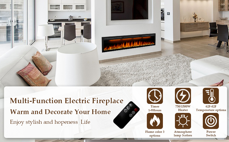 BIG Series 60" Electric Fireplace Insert | Recessed & Wall Mounted Heater with Top Light - Detail 2