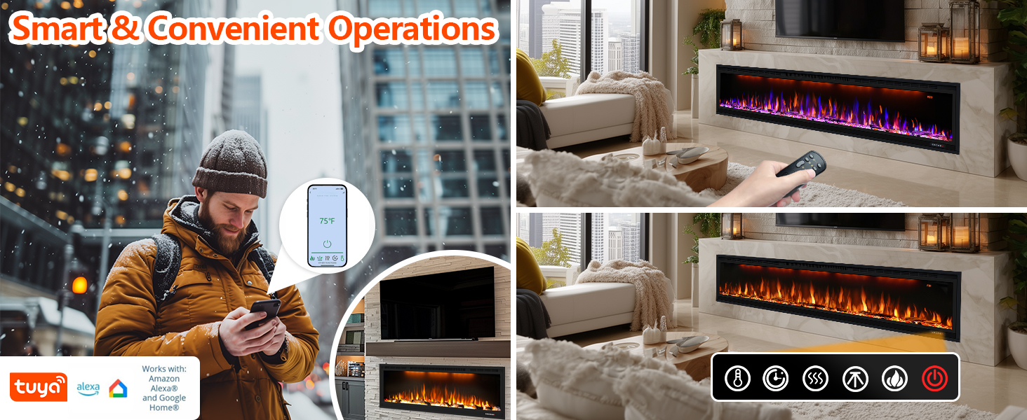 BI Smart Series 100" Linear Electric Fireplace | WiFi App & Voice Control | Recessed Wall Heater with Logs & Crystals - Detail 3