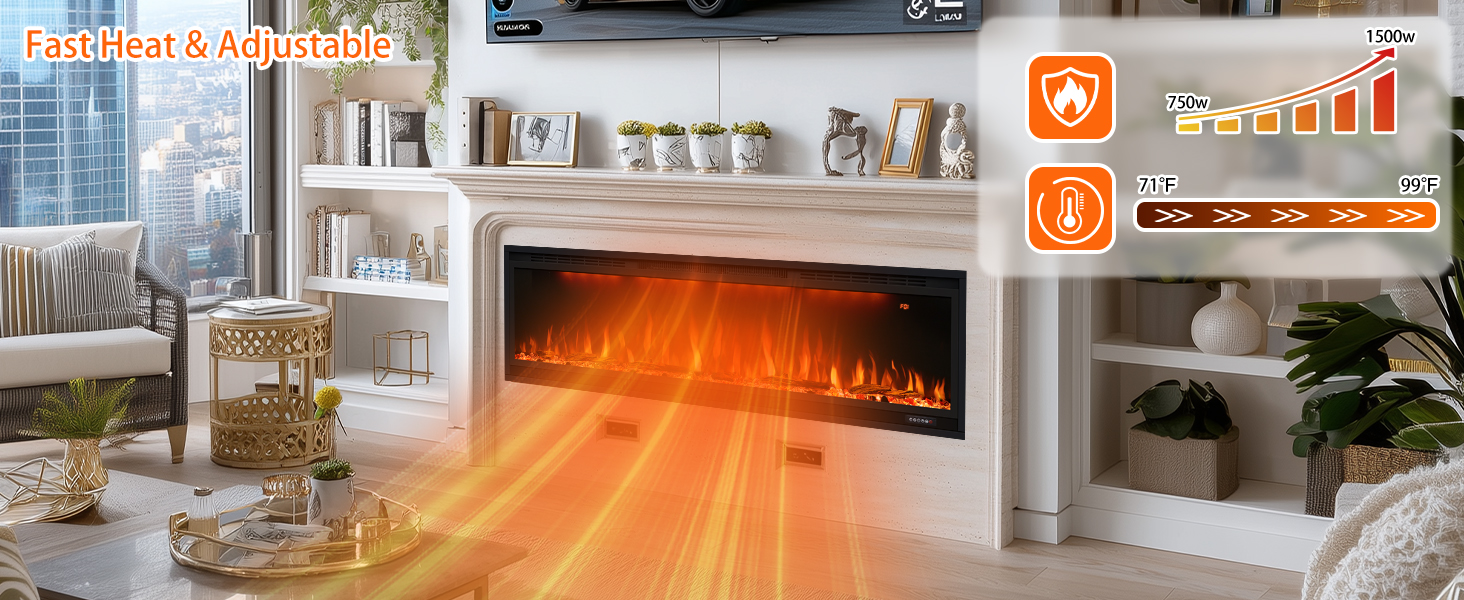 BI Smart Series 100" Linear Electric Fireplace | WiFi App & Voice Control | Recessed Wall Heater with Logs & Crystals - Detail 4