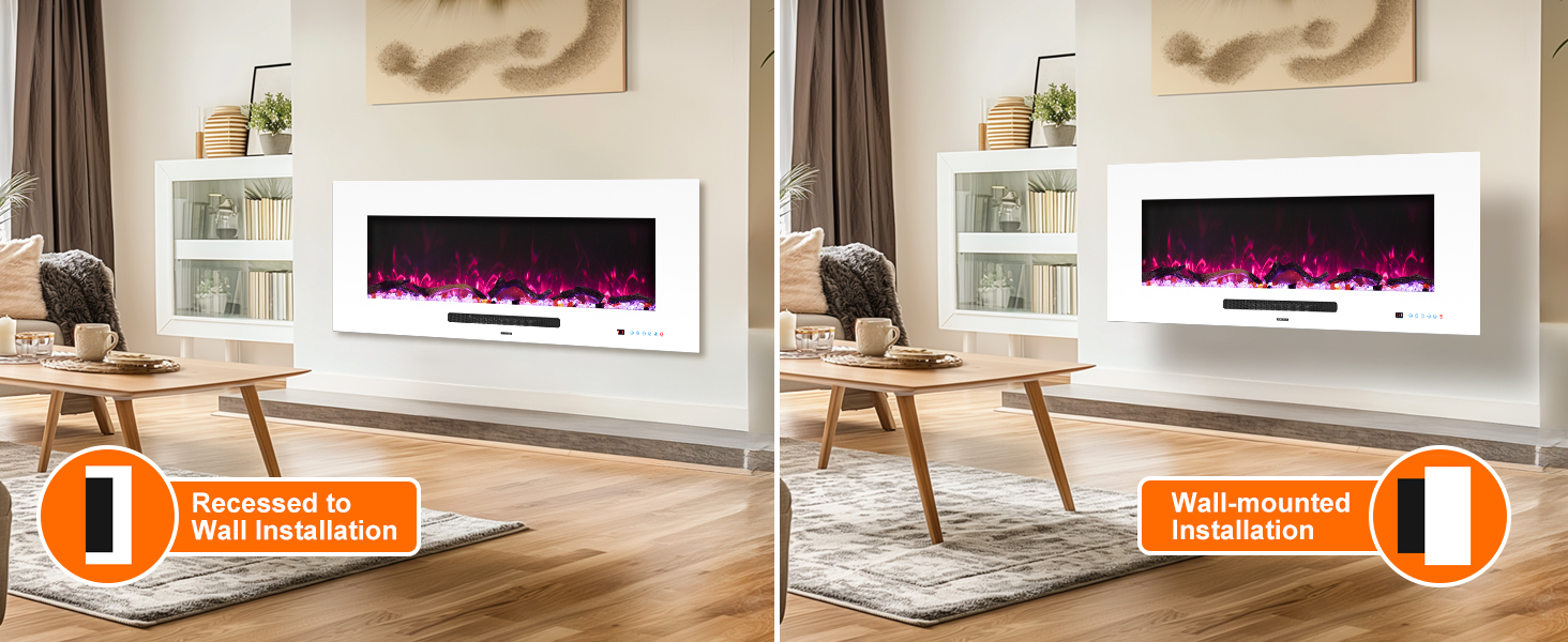 WMDR Series 50" White Electric Fireplace | Recessed & Wall Mounted Heater with 13 Flame Colors - Detail 4