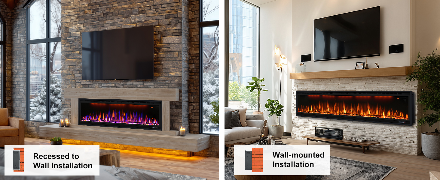 BI Smart Series 100" Linear Electric Fireplace | WiFi App & Voice Control | Recessed Wall Heater with Logs & Crystals - Detail 5