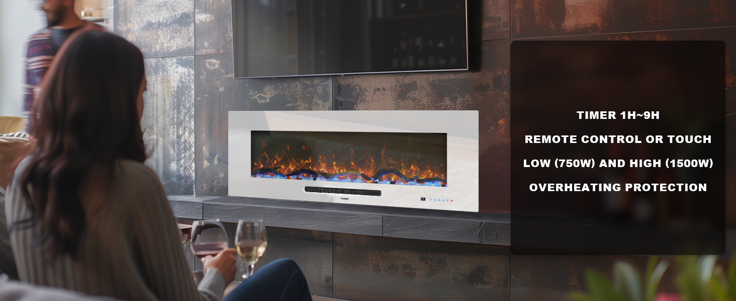 WMDR Series 50" White Electric Fireplace | Recessed & Wall Mounted Heater with 13 Flame Colors - Detail 6