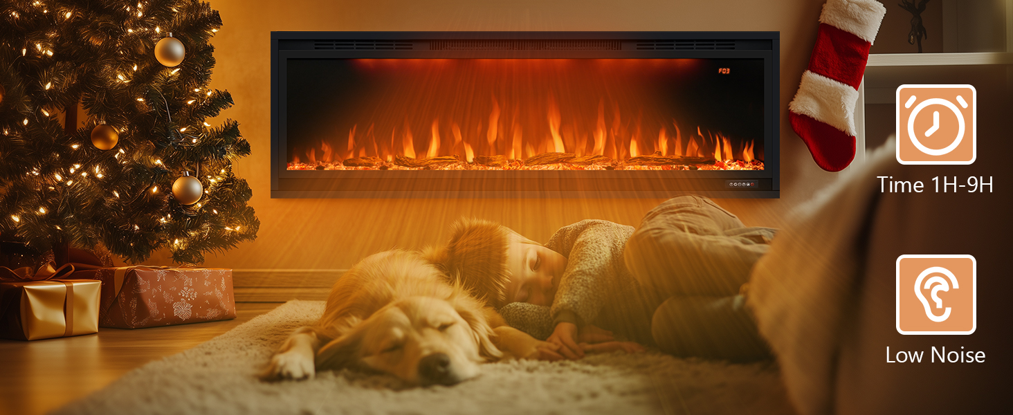 BI Smart Series 100" Linear Electric Fireplace | WiFi App & Voice Control | Recessed Wall Heater with Logs & Crystals - Detail 7