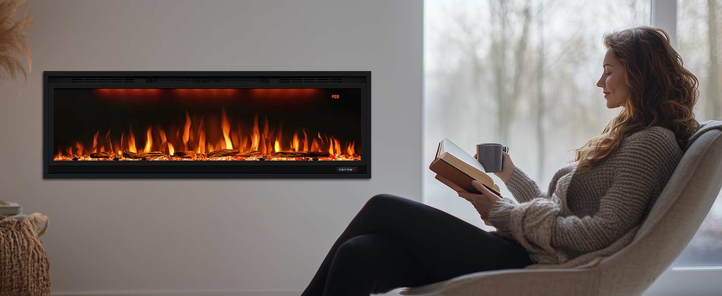 BI Smart Series 100" Linear Electric Fireplace | WiFi App & Voice Control | Recessed Wall Heater with Logs & Crystals - Detail 8