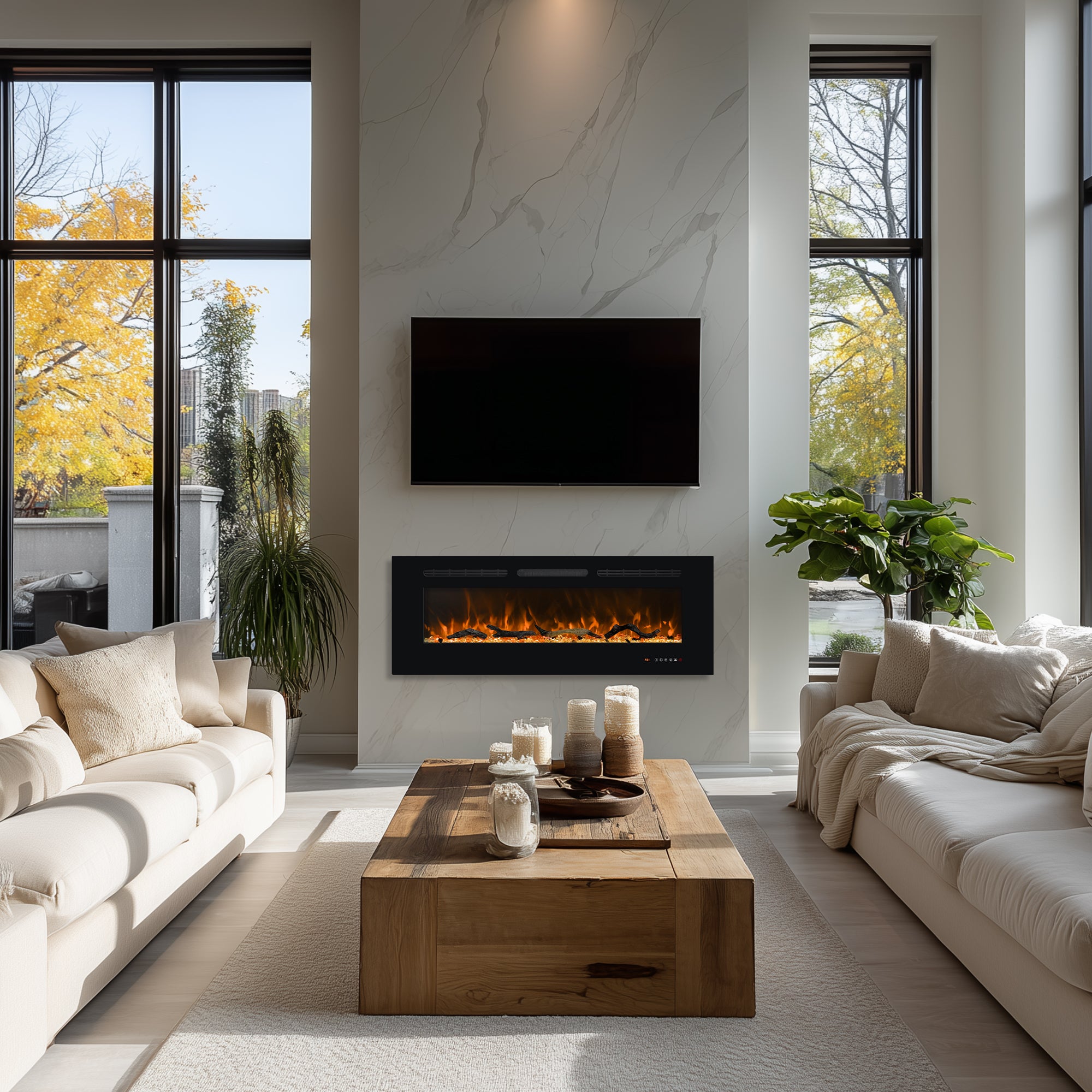 EFR 48" Electric Fireplace Wall Recessed and Wall Mounted Inserts Heater&13 Flame Colors