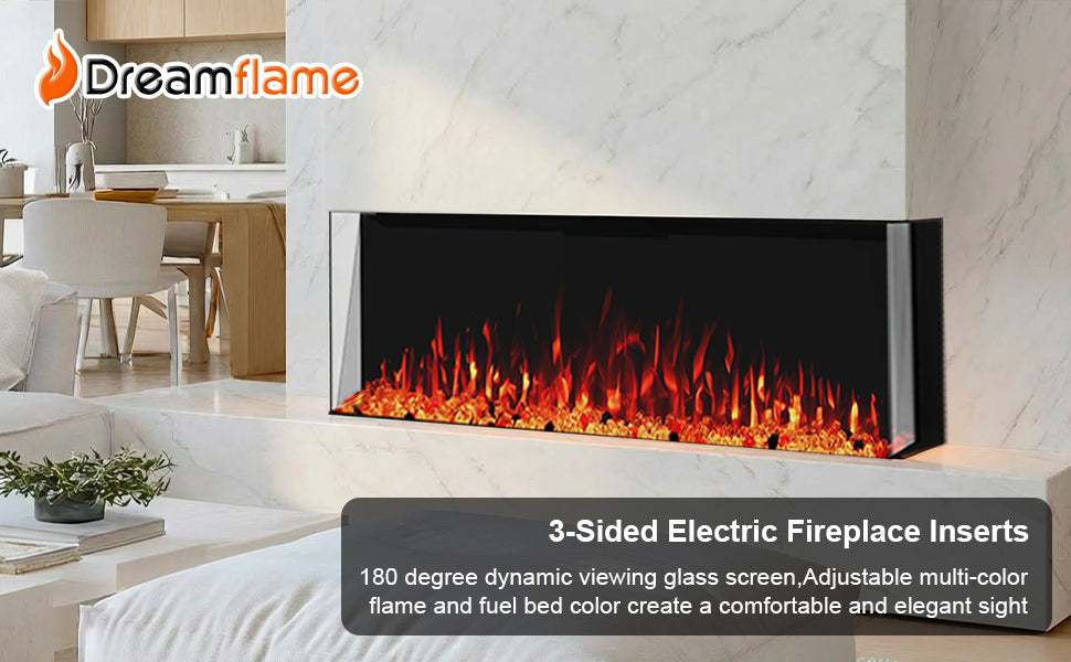 TSH Series 72" 3-Sided Electric Fireplace | Panoramic Glass View | Recessed Heater - Detail 1