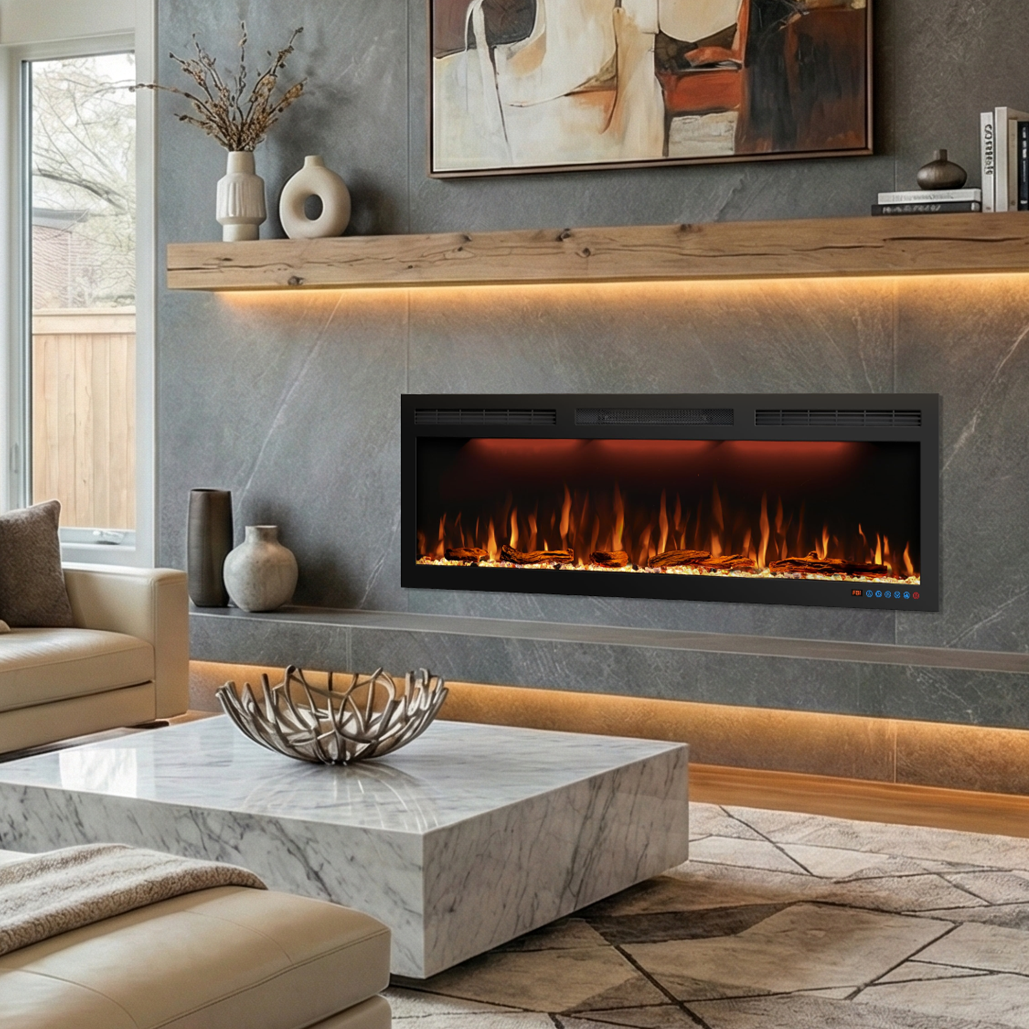 BIG Series 50" Electric Fireplace Insert | Recessed & Wall Mounted Heater with Top Light