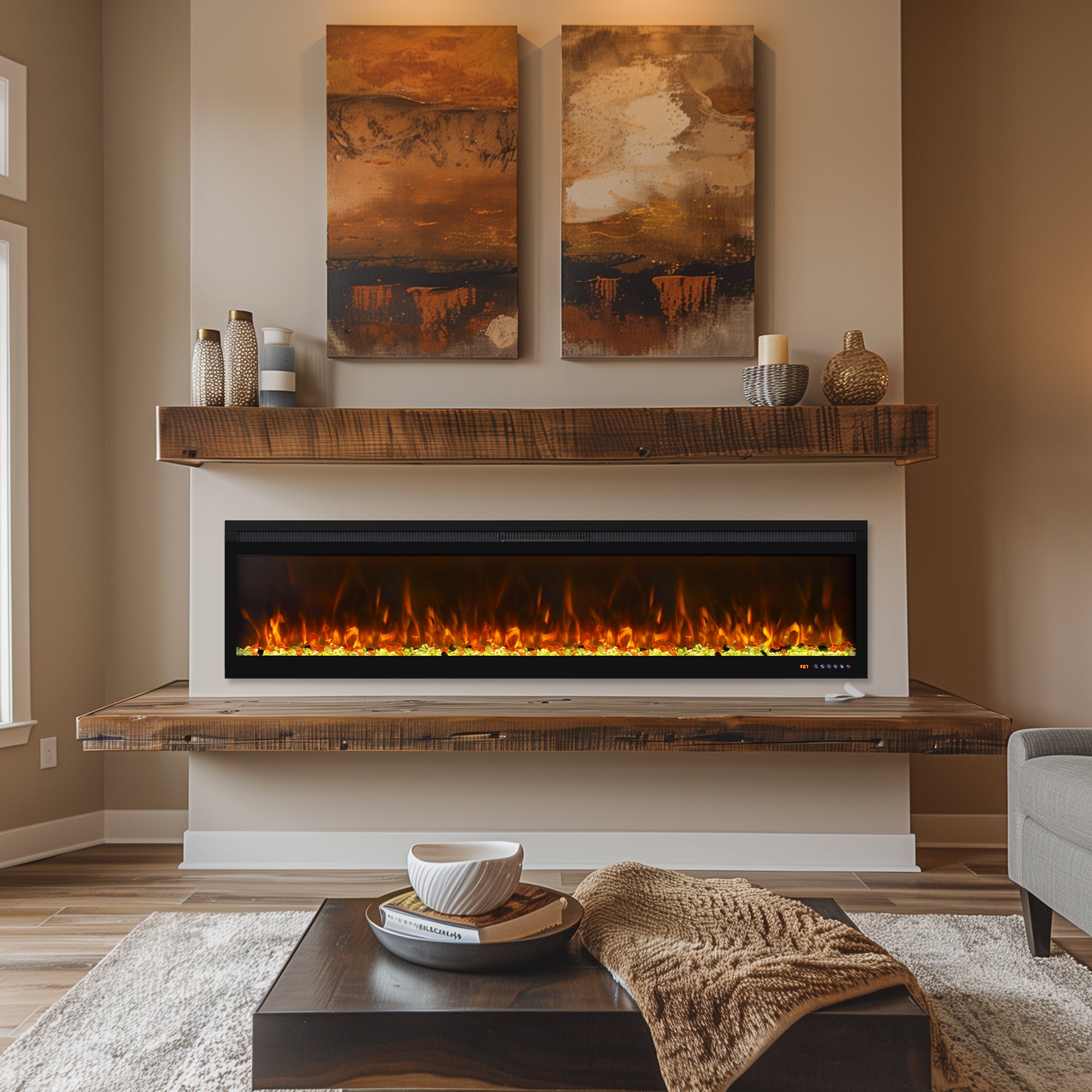 BIR 72" Electric Fireplace, APP & Touch Screen & Remote Control, 13X13 Flame Color Combinations, Timer & Thermostat Fireplace Heater