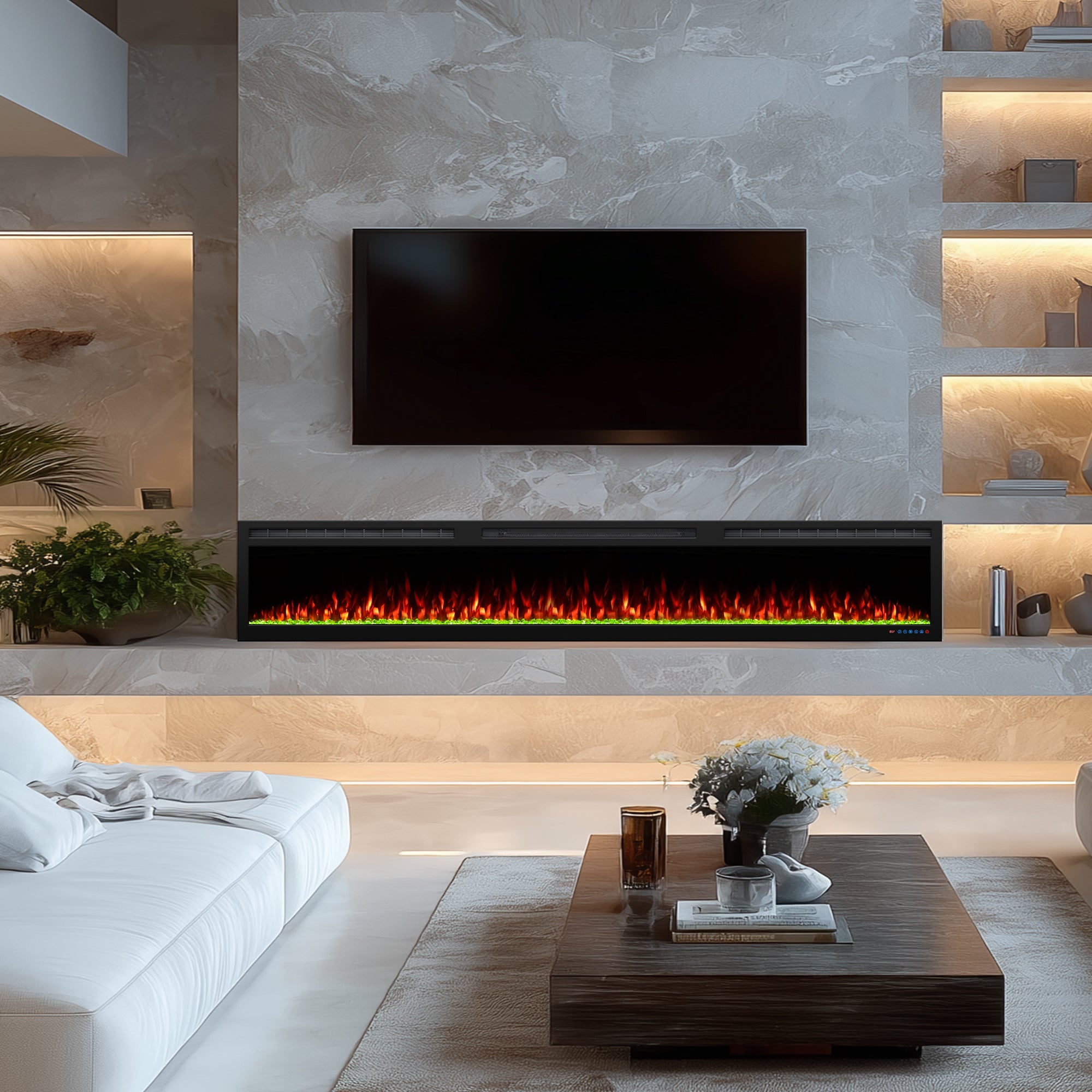 BIGP 95" WiFi-Enabled Recessed & Wall Mounted Electric Fireplace Smart Control via Alexa or App