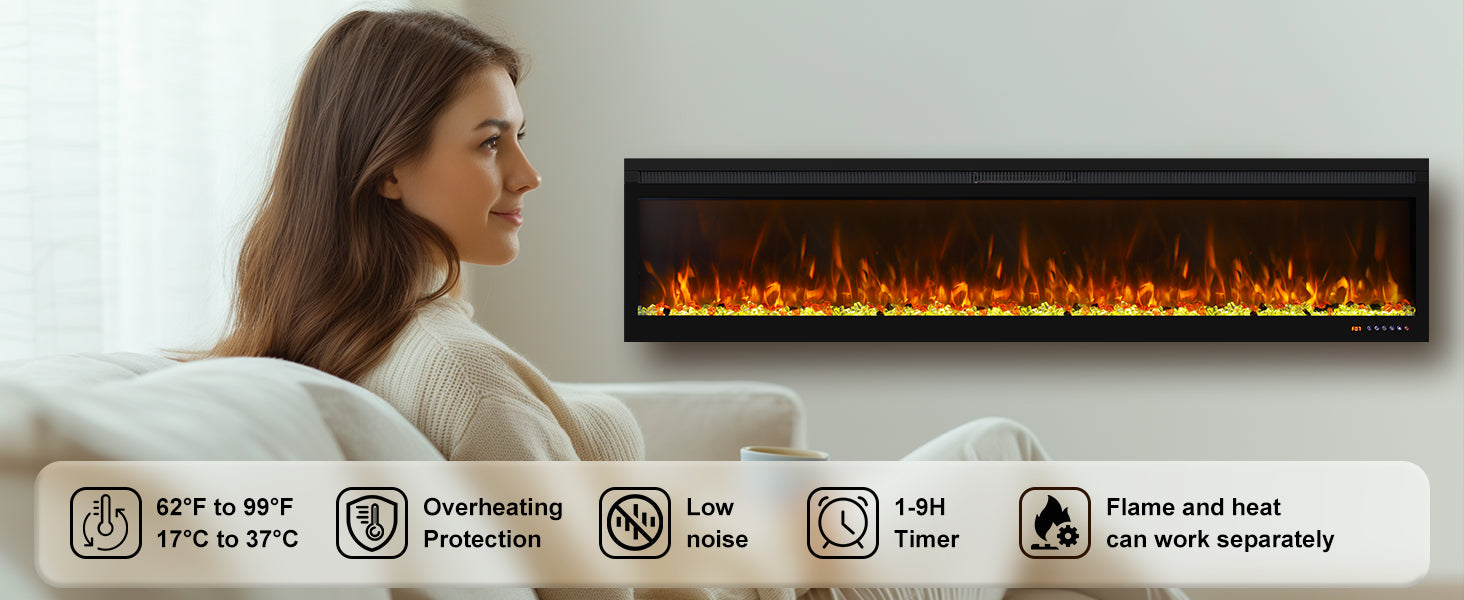 BIR 50" Electric Fireplace, APP & Touch Screen & Remote Control, 13X13 Flame Color Combinations, Timer & Thermostat Fireplace Heater - Detail 2