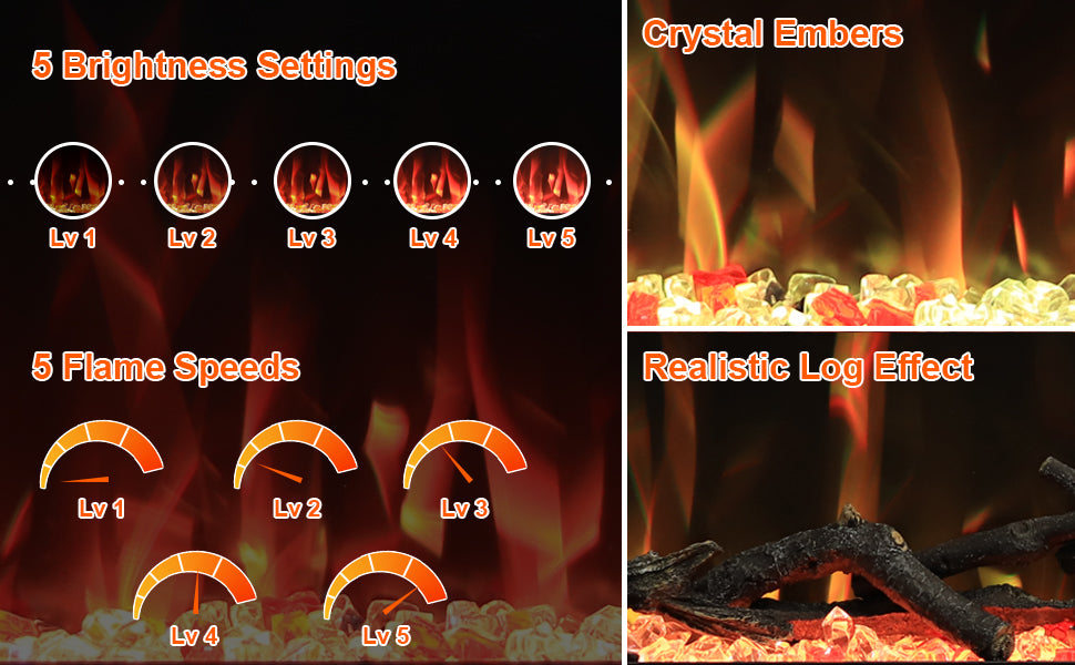 TSH Series 72" 3-Sided Electric Fireplace | Panoramic Glass View | Recessed Heater - Detail 4