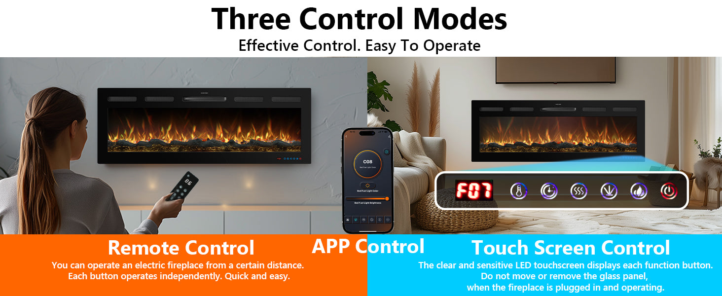 EFRpro 80" Smart Electric Fireplaces Inserts, Remote & Touch Screen & APP Control, Recessed & Wall-Mounted Fireplace Heater - Detail 4