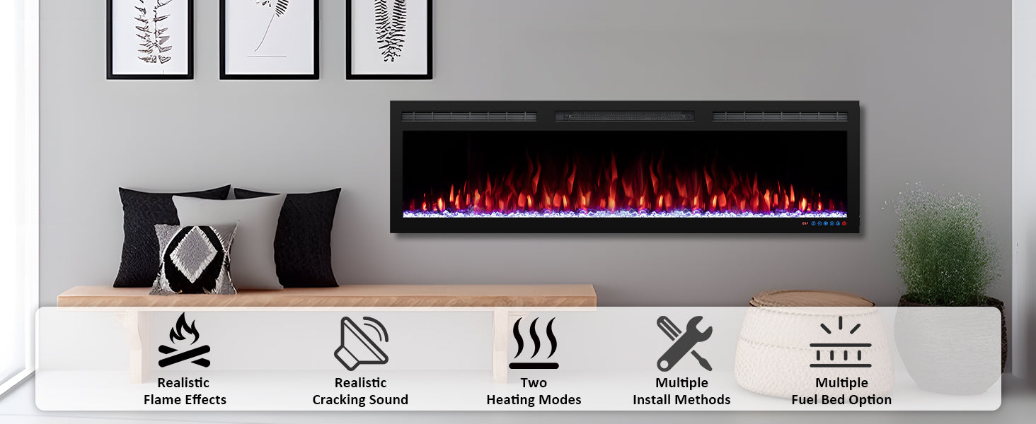 BIGP 88" WiFi-Enabled Recessed & Wall Mounted Electric Fireplace Smart Control via Alexa or App - Detail 2