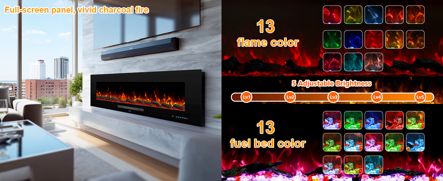 WMDR Series 50" Electric Fireplace | Recessed & Wall Mounted Heater with 13 Flame Colors - Detail 4