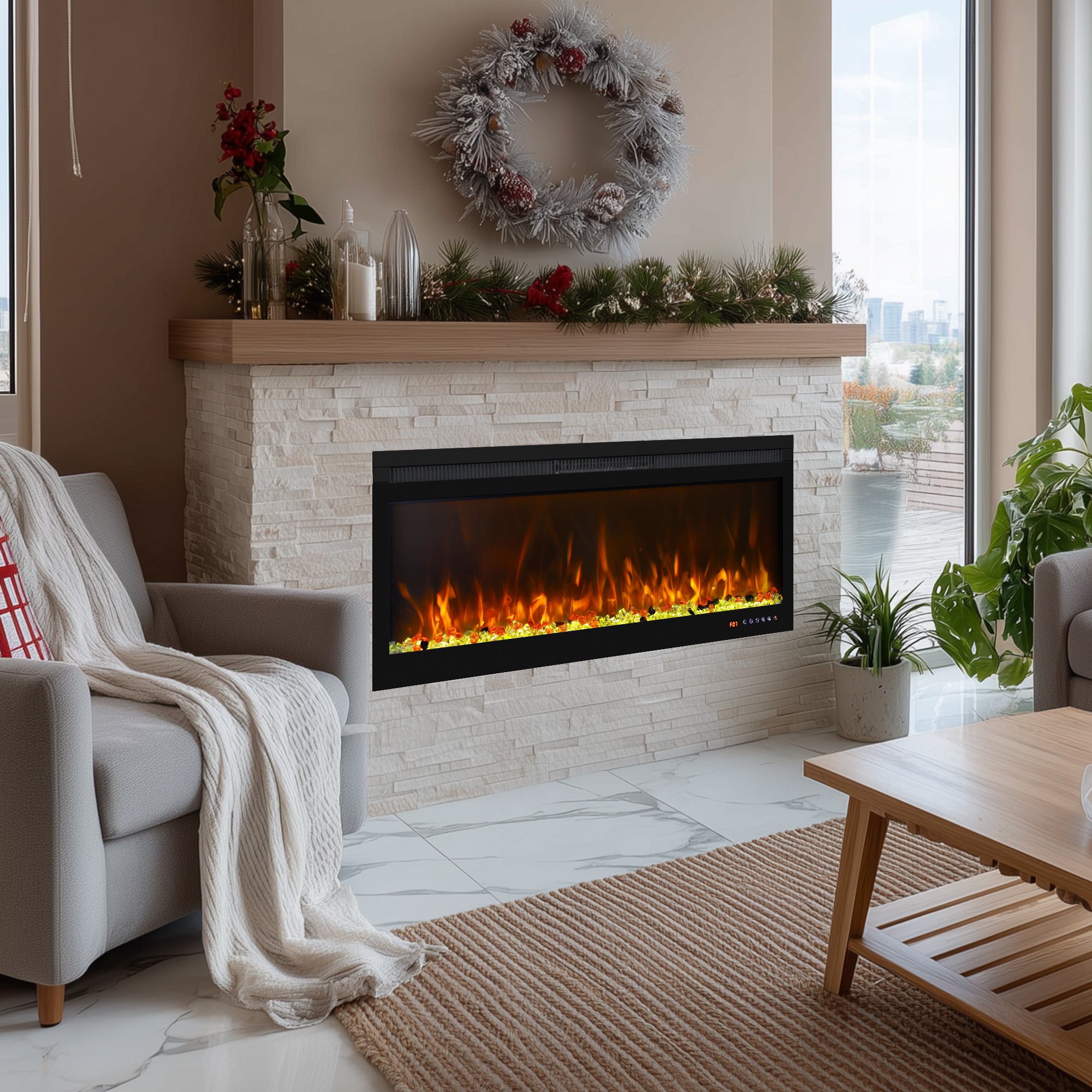 BIR 42" Electric Fireplace, APP & Touch Screen & Remote Control, 13X13 Flame Color Combinations, Timer & Thermostat Fireplace Heater