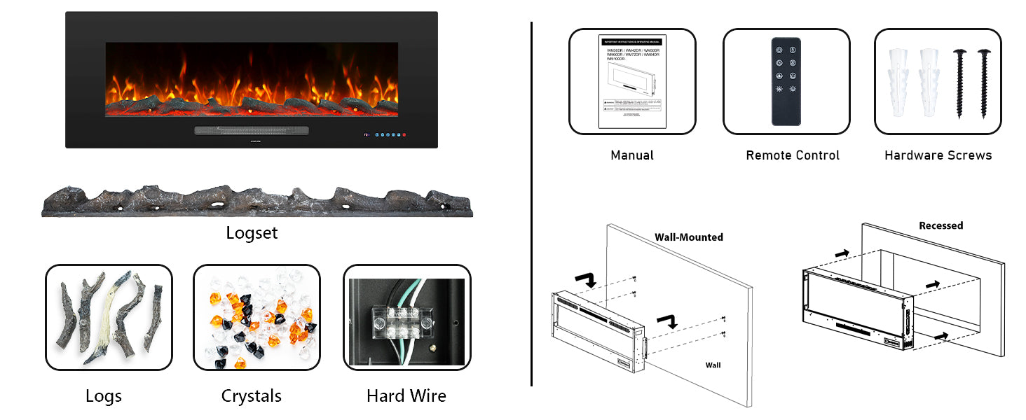 WMDR Series 50" Electric Fireplace | Recessed & Wall Mounted Heater with 13 Flame Colors - Detail 6