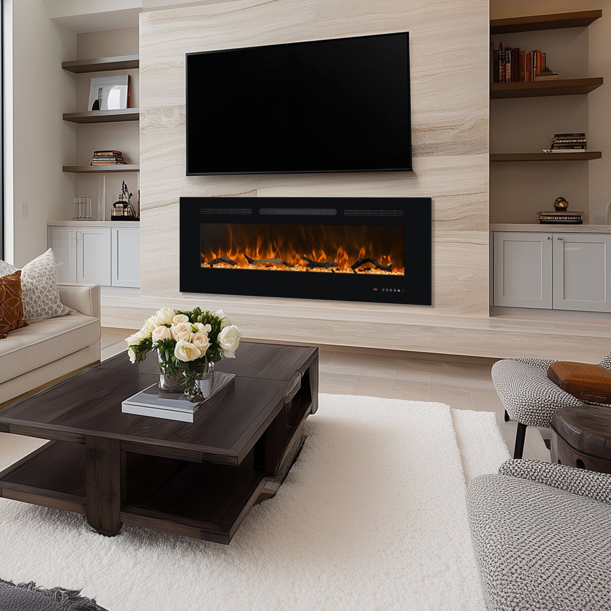 EFR 50" Electric Fireplace Wall Recessed and Wall Mounted Inserts Heater&13 Flame Colors