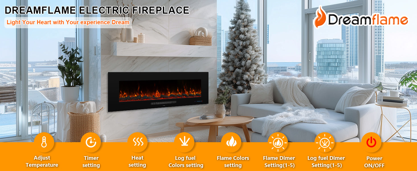 WMDR Series 50" Electric Fireplace | Recessed & Wall Mounted Heater with 13 Flame Colors - Detail 7