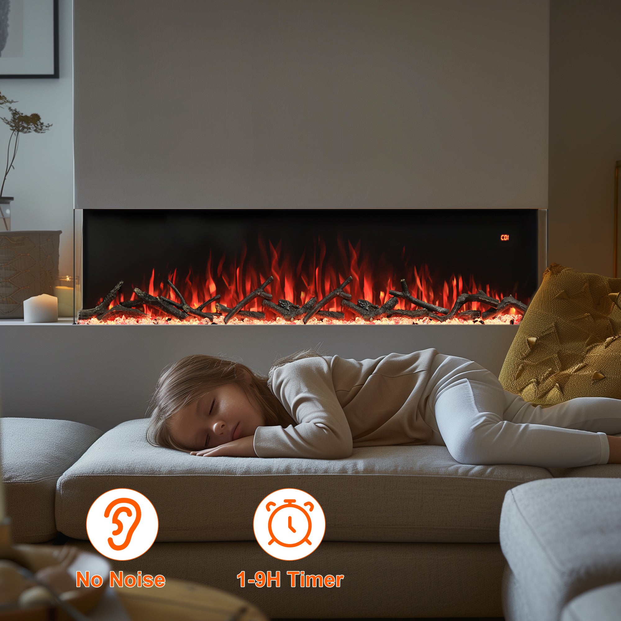 TSH Series 72" 3-Sided Electric Fireplace | Panoramic Glass View | Recessed Heater - Detail 5